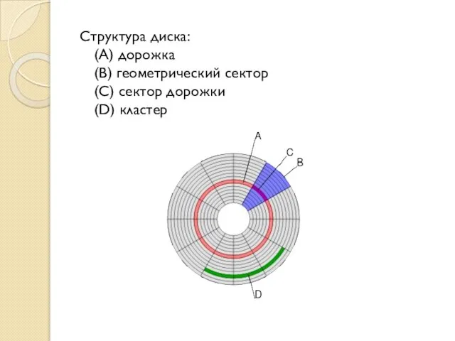 Структура диска: (A) дорожка (B) геометрический сектор (C) сектор дорожки (D) кластер