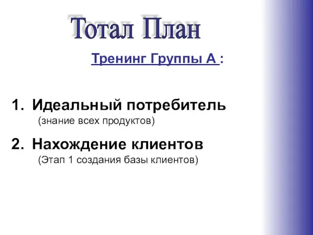 Тренинг Группы A : Идеальный потребитель (знание всех продуктов) Нахождение клиентов (Этап