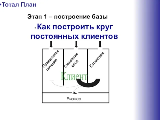 Правильное питание Снижение веса Косметика Тотал План Этап 1 – построение базы