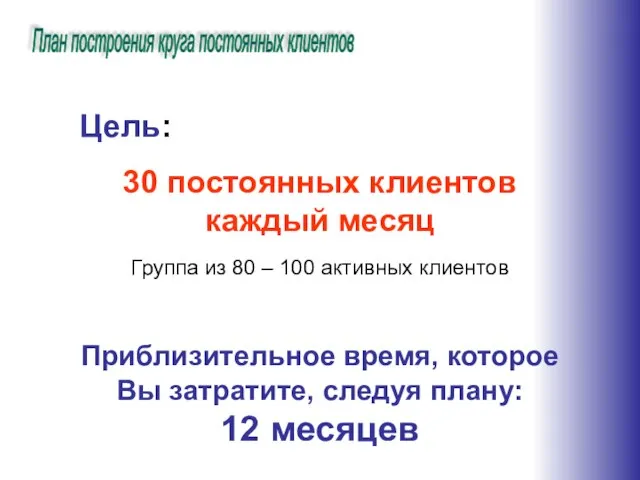 Цель: 30 постоянных клиентов каждый месяц Группа из 80 – 100 активных