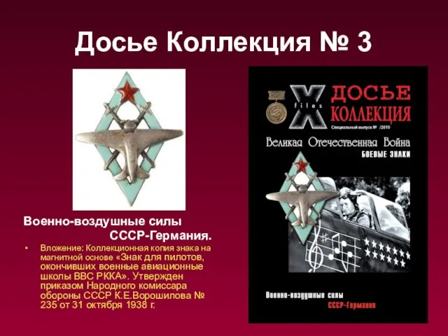 Досье Коллекция № 3 Военно-воздушные силы СССР-Германия. Вложение: Коллекционная копия знака на