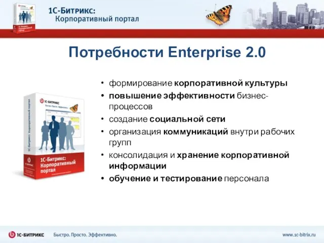 Потребности Enterprise 2.0 формирование корпоративной культуры повышение эффективности бизнес-процессов создание социальной сети