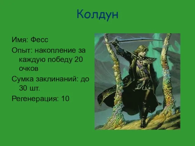 Колдун Имя: Фесс Опыт: накопление за каждую победу 20 очков Сумка заклинаний: