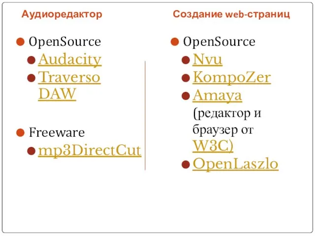 Аудиоредактор Создание web-страниц OpenSource Audacity Traverso DAW Freeware mp3DirectCut OpenSource Nvu KompoZer