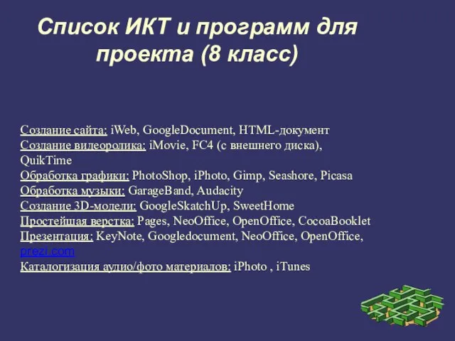 Список ИКТ и программ для проекта (8 класс)‏ Создание сайта: iWeb, GoogleDocument,