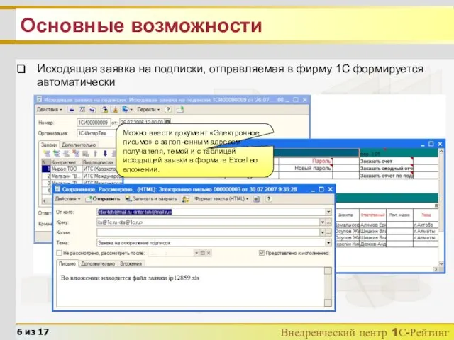 Основные возможности Исходящая заявка на подписки, отправляемая в фирму 1С формируется автоматически