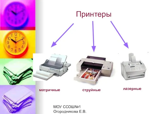 МОУ ССОШ№1 Огородникова Е.В. Принтеры матричные струйные лазерные