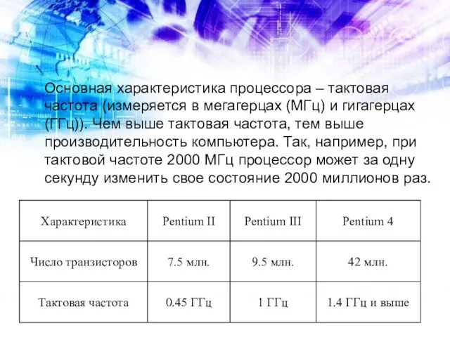 Основная характеристика процессора – тактовая частота (измеряется в мегагерцах (МГц) и гигагерцах