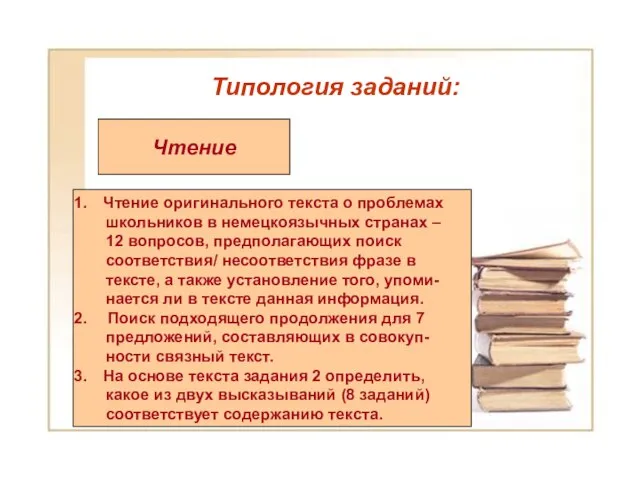 Типология заданий: Типология заданий: Чтение Чтение оригинального текста о проблемах школьников в