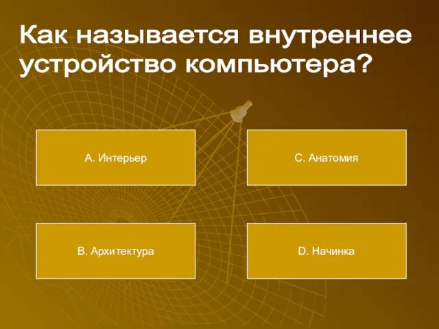 Как называется внутреннее устройство компьютера? А. Интерьер В. Архитектура С. Анатомия D. Начинка