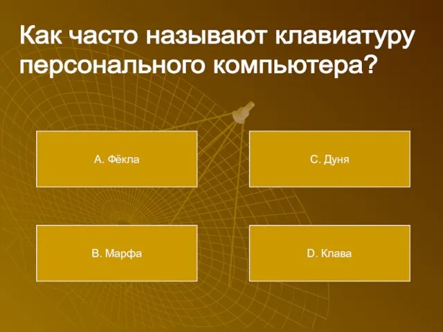 Как часто называют клавиатуру персонального компьютера? А. Фёкла В. Марфа С. Дуня D. Клава