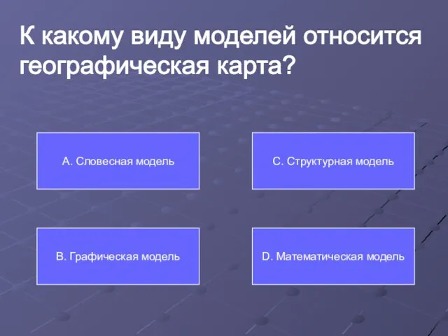 К какому виду моделей относится географическая карта? А. Словесная модель В. Графическая