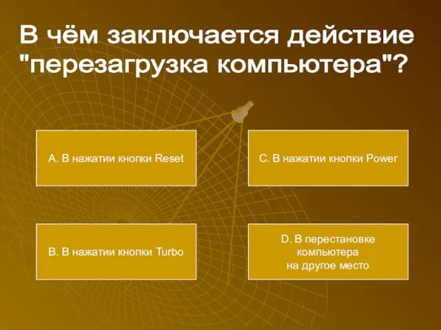 В чём заключается действие "перезагрузка компьютера"? А. В нажатии кнопки Reset В.