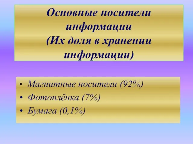 Основные носители информации (Их доля в хранении информации) Магнитные носители (92%) Фотоплёнка (7%) Бумага (0,1%)