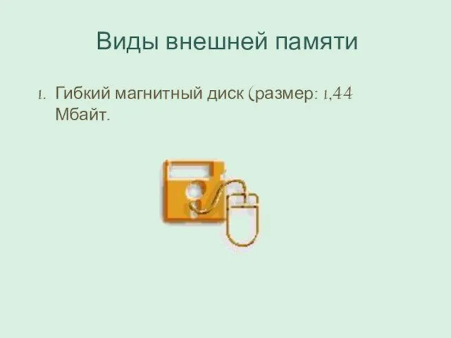 Виды внешней памяти Гибкий магнитный диск (размер: 1,44Мбайт.