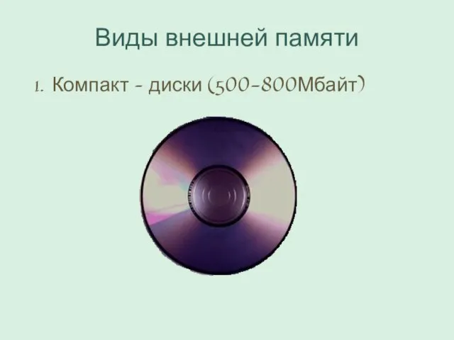 Виды внешней памяти Компакт – диски (500-800Мбайт)