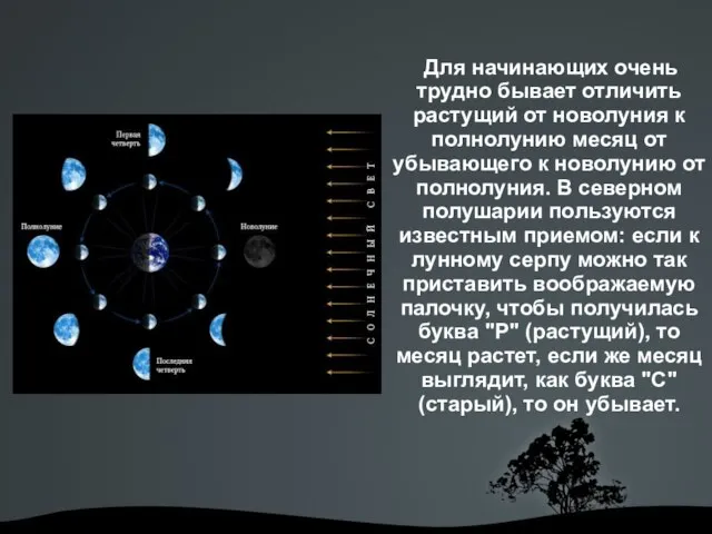 Для начинающих очень трудно бывает отличить растущий от новолуния к полнолунию месяц