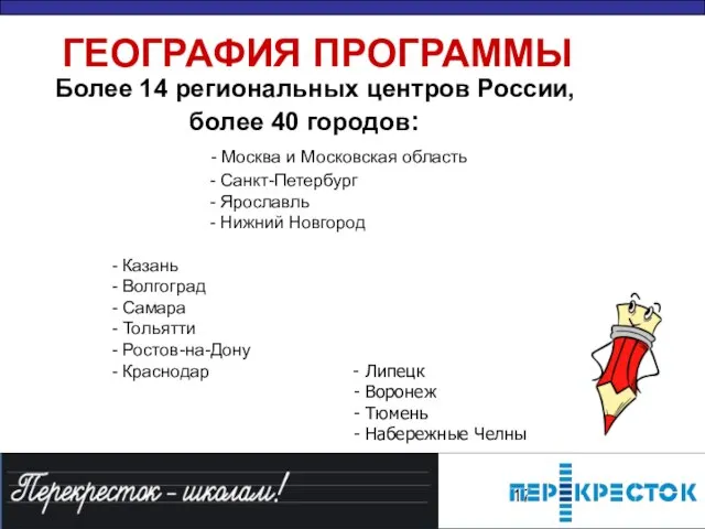 ГЕОГРАФИЯ ПРОГРАММЫ Более 14 региональных центров России, более 40 городов: - Москва