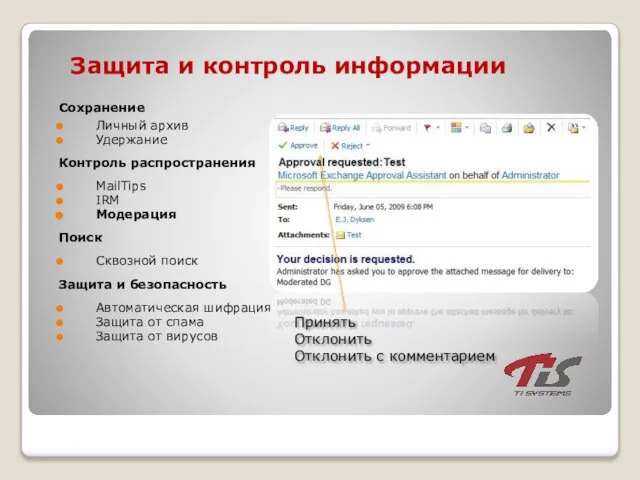 Защита и контроль информации Сохранение Личный архив Удержание Контроль распространения MailTips IRM