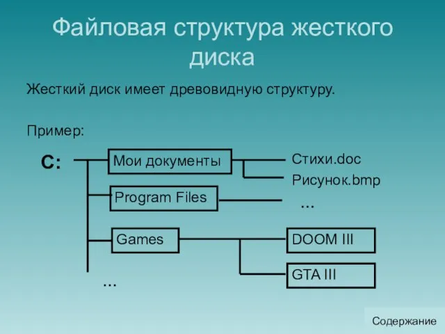 Файловая структура жесткого диска Жесткий диск имеет древовидную структуру. Пример: Содержание