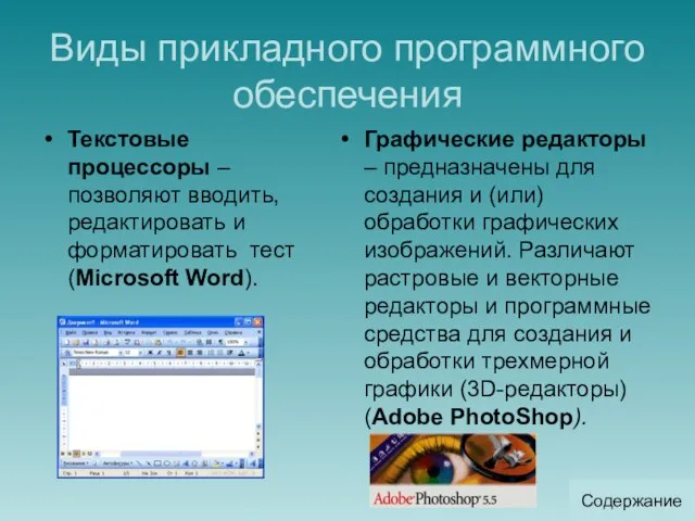 Виды прикладного программного обеспечения Текстовые процессоры – позволяют вводить, редактировать и форматировать