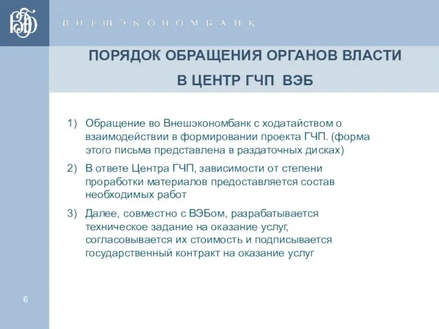 ПОРЯДОК ОБРАЩЕНИЯ ОРГАНОВ ВЛАСТИ В ЦЕНТР ГЧП ВЭБ Обращение во Внешэкономбанк с