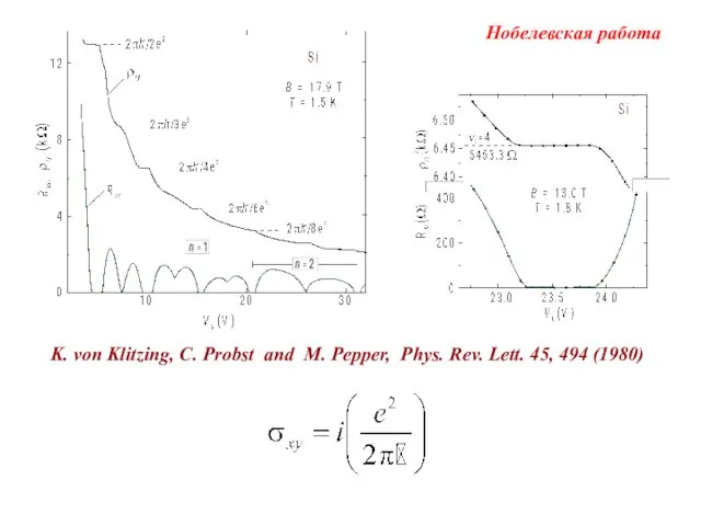 K. von Klitzing, C. Probst and M. Pepper, Phys. Rev. Lett. 45, 494 (1980) Нобелевская работа