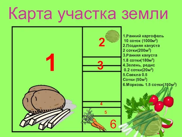 Карта участка земли 1 2 3 4 5 6 1.Ранний картофель 10