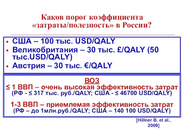 Каков порог коэффициента «затраты/полезность» в России? США – 100 тыс. USD/QALY Великобритания