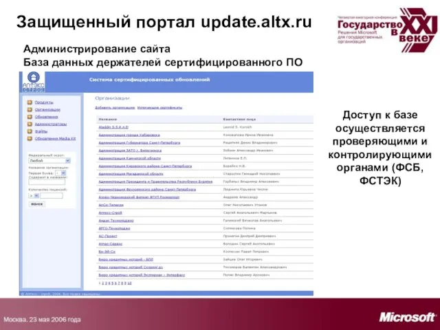 Защищенный портал update.altx.ru Защищенный портал update.altx.ru Администрирование сайта База данных держателей сертифицированного
