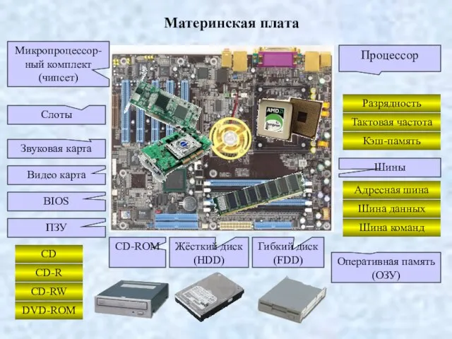 Материнская плата Процессор Разрядность Тактовая частота Кэш-память Микропроцессор- ный комплект (чипсет) Шины