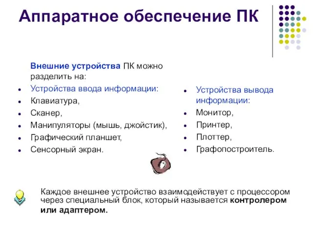 Аппаратное обеспечение ПК Внешние устройства ПК можно разделить на: Устройства ввода информации: