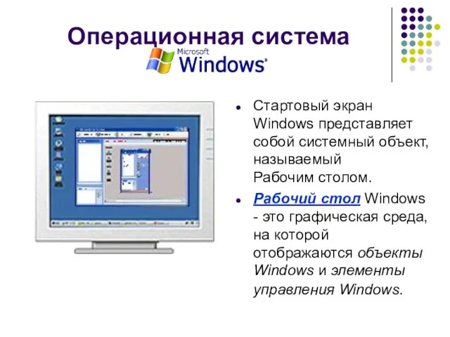 Операционная система Стартовый экран Windows представляет собой системный объект, называемый Рабочим столом.