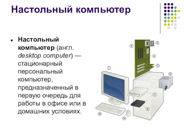 Настольный компьютер Настольный компьютер (англ. desktop computer) — стационарный персональный компьютер, предназначенный