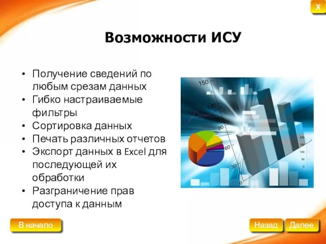 Получение сведений по любым срезам данных Гибко настраиваемые фильтры Сортировка данных Печать