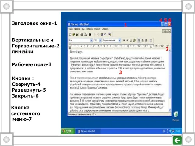 Рабочее поле-3 Вертикальные и Горизонтальные-2 линейки Заголовок окна-1 Кнопка системного меню-7 Кнопки