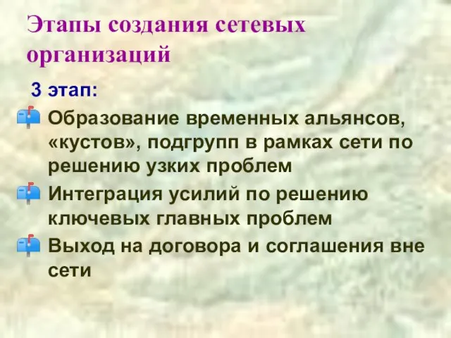 Этапы создания сетевых организаций 3 этап: Образование временных альянсов, «кустов», подгрупп в