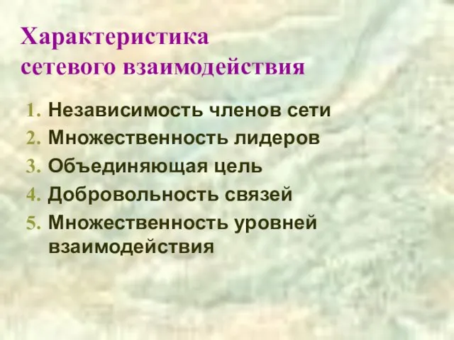 Характеристика сетевого взаимодействия Независимость членов сети Множественность лидеров Объединяющая цель Добровольность связей Множественность уровней взаимодействия