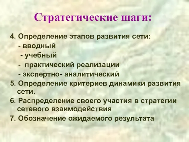 Стратегические шаги: 4. Определение этапов развития сети: - вводный - учебный -