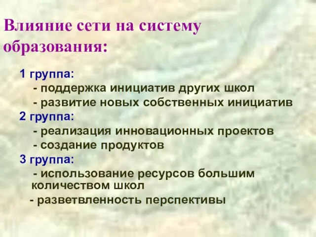 Влияние сети на систему образования: 1 группа: - поддержка инициатив других школ