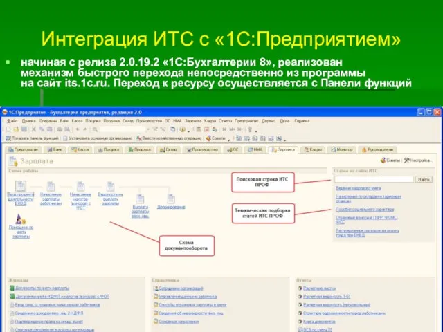 Интеграция ИТС с «1С:Предприятием» начиная с релиза 2.0.19.2 «1С:Бухгалтерии 8», реализован механизм