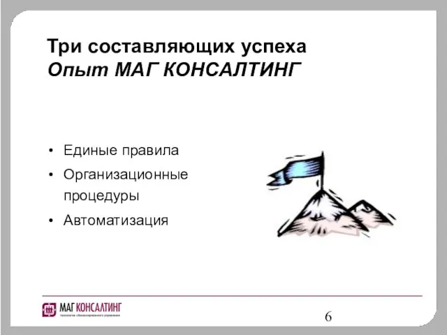 Три составляющих успеха Опыт МАГ КОНСАЛТИНГ Единые правила Организационные процедуры Автоматизация