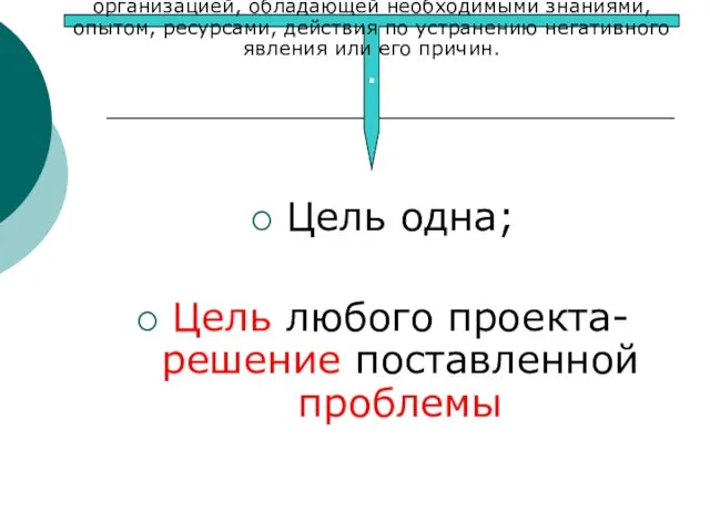 Цель одна; Цель любого проекта- решение поставленной проблемы ЦЕЛЬ проекта – это