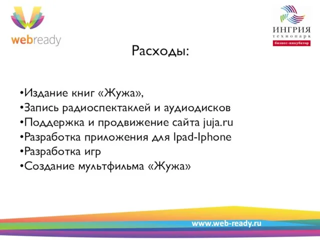 Пример структуры презентации Расходы: www.web-ready.ru Издание книг «Жужа», Запись радиоспектаклей и аудиодисков