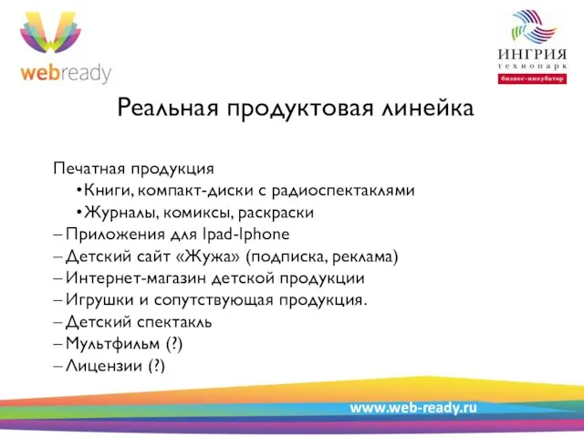 Пример структуры презентации Реальная продуктовая линейка Печатная продукция Книги, компакт-диски с радиоспектаклями