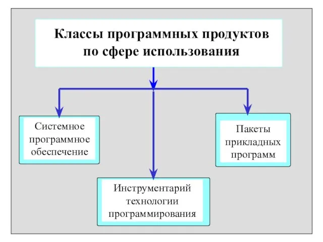 Классы программных продуктов по сфере использования Системное программное обеспечение Пакеты прикладных программ Инструментарий технологии программирования