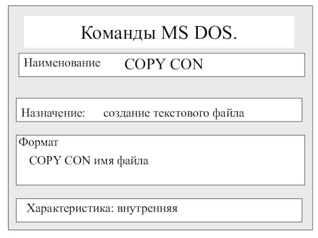 Команды MS DOS. Команды MS DOS. Наименование COPY CON Назначение: создание текстового