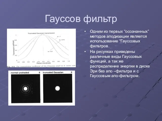 Гауссов фильтр Одним из первых “осознанных” методов аподизации является использование “Гауссовых фильтров.