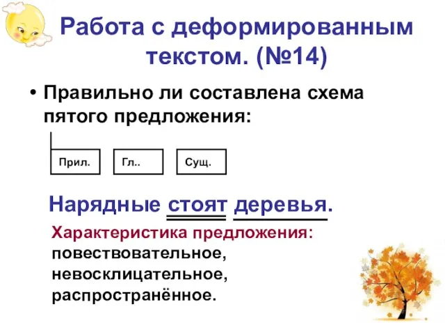 Работа с деформированным текстом. (№14) Правильно ли составлена схема пятого предложения: Сущ.