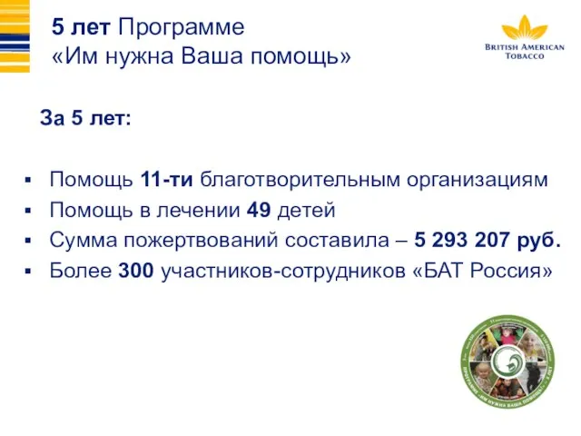 За 5 лет: Помощь 11-ти благотворительным организациям Помощь в лечении 49 детей